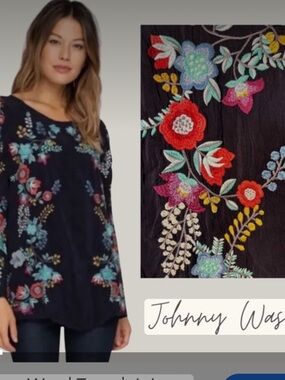 Johnny Was Kikimu Floral Embroidered Blouse Tunic  M